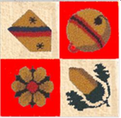 Jassteppich knüpfen aus Schurwolle mit Schweizer Kreuz und deutschen Kartensymbolen