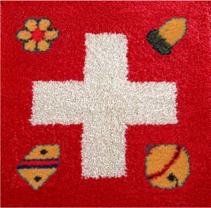 Jassteppich knüpfen aus Schurwolle mit Schweizer Kreuz und deutschen Kartensymbolen